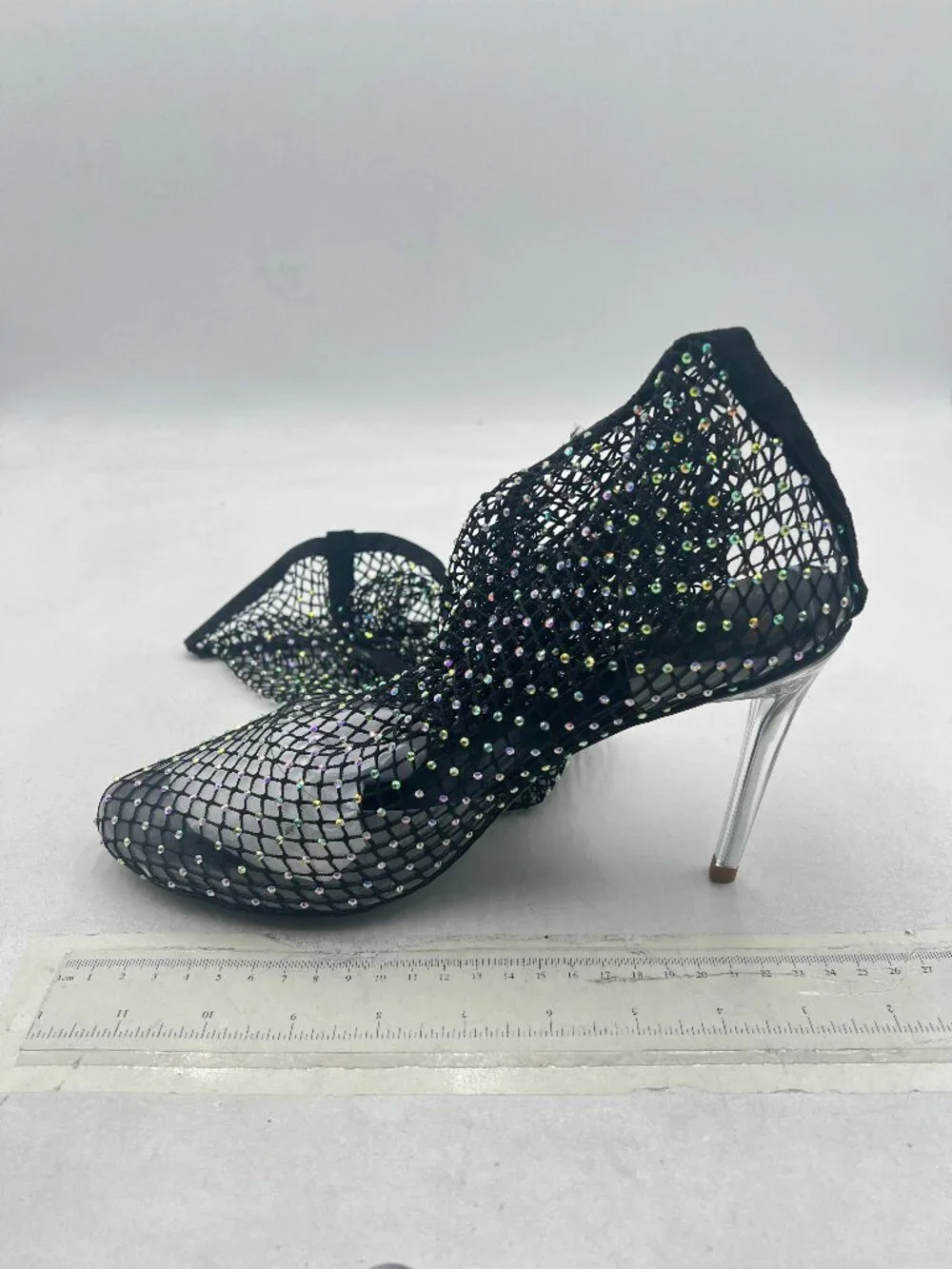 Black Mesh Pointed Toe Stiletto Heel Sexy Rhinestone Thigh-High Boots